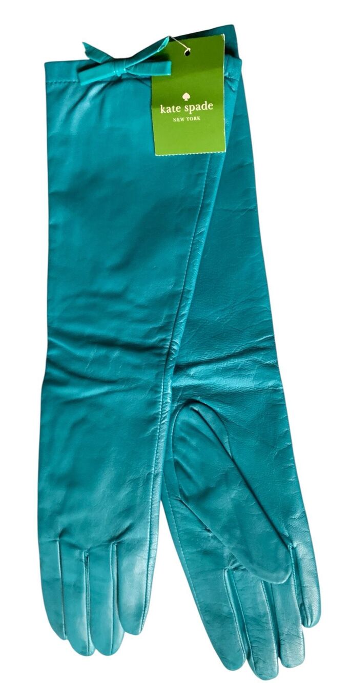 NEW NWT KATE SPADE AQUA BLUE BOW LONG LEATHER GLOVES sz 7